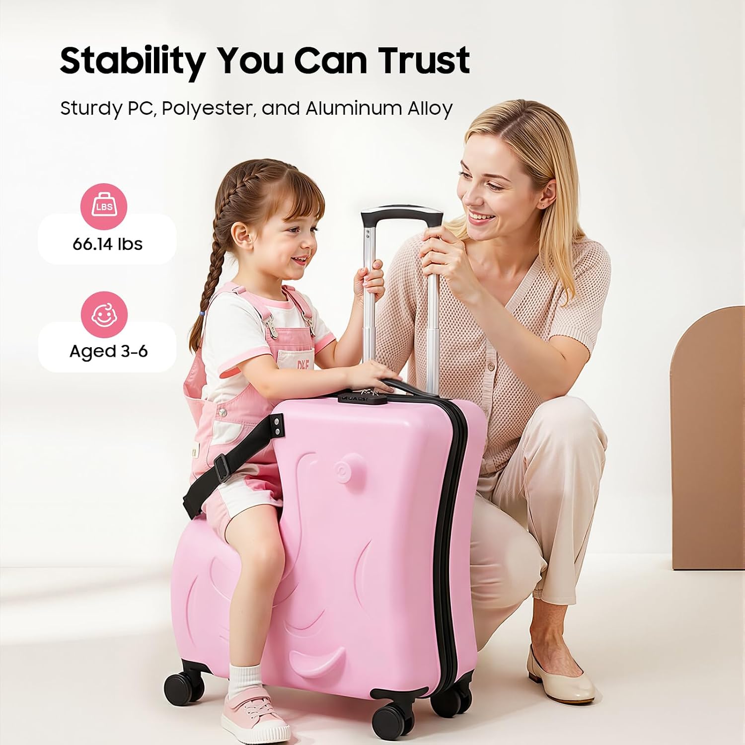 20 Inch Ride-On Suitcase for Kids, Travel Trolley with Wheels, Safety Belt, Adjustable Pull Rod, Scooter Luggage Seat Ride with Lock for Toddler Airplane Travel(Pink)