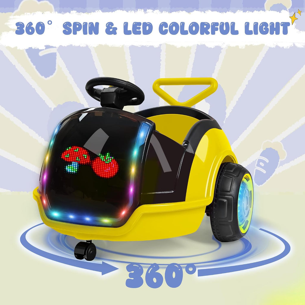 ANPABO 3-in-1 Electric Push Ride On Car, 12V Kids Ride On Toy w/Remote Control, 360° Spin, LED Display, 5-Point Safety Belt, Colorful LED Light, Music Player, Push Car for Toddler Ages 1-3 (Yellow)