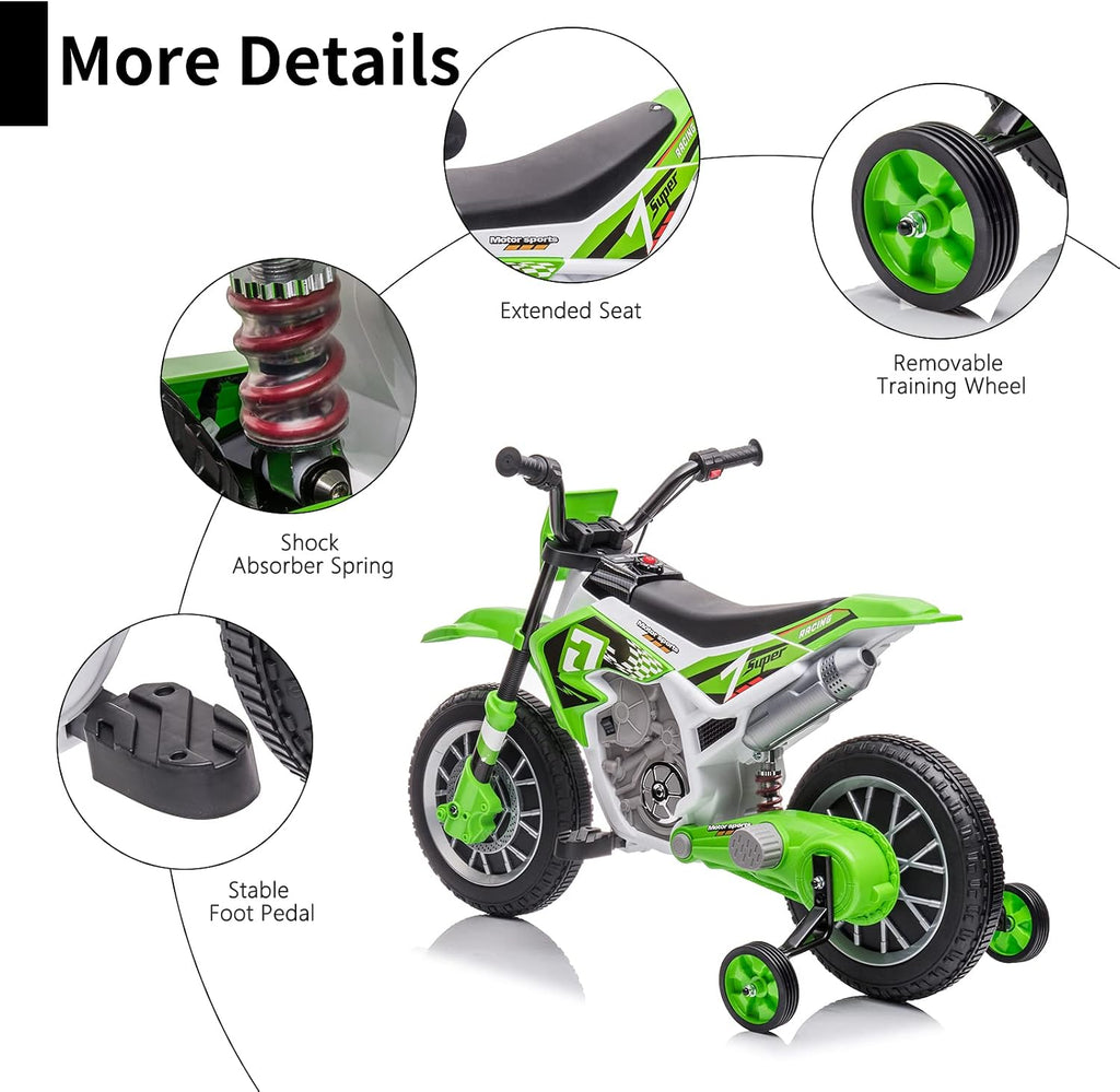 Electric Dirt Bike for Kids 12V Battery Powered Electric Motorcycle for Kids Ride On Toy Rechargeable Electric Motorbike with Training Wheels 2 Speeds Music Shock Absorber, Green