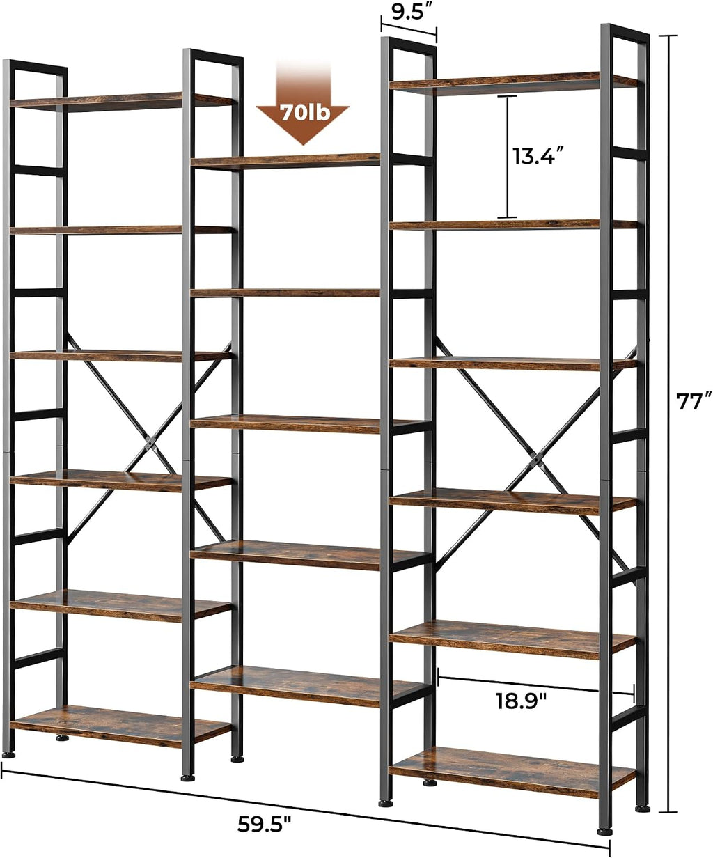 SUPERJARE Triple Bookshelf, Bookcase with 17 Open Display Shelves, Wide Book Shelf Book Case for Home & Office, 6 Tier, Brown