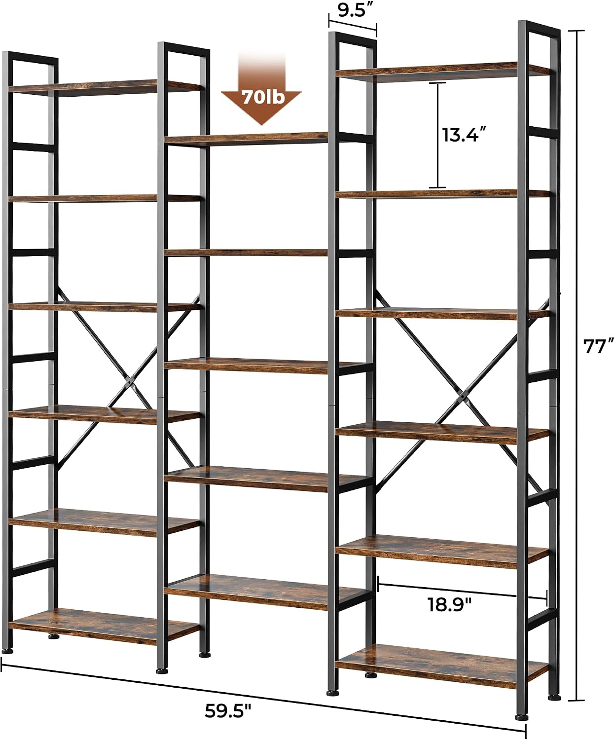 SUPERJARE Triple Bookshelf, Bookcase with 17 Open Display Shelves, Wide Book Shelf Book Case for Home & Office, 6 Tier, Brown