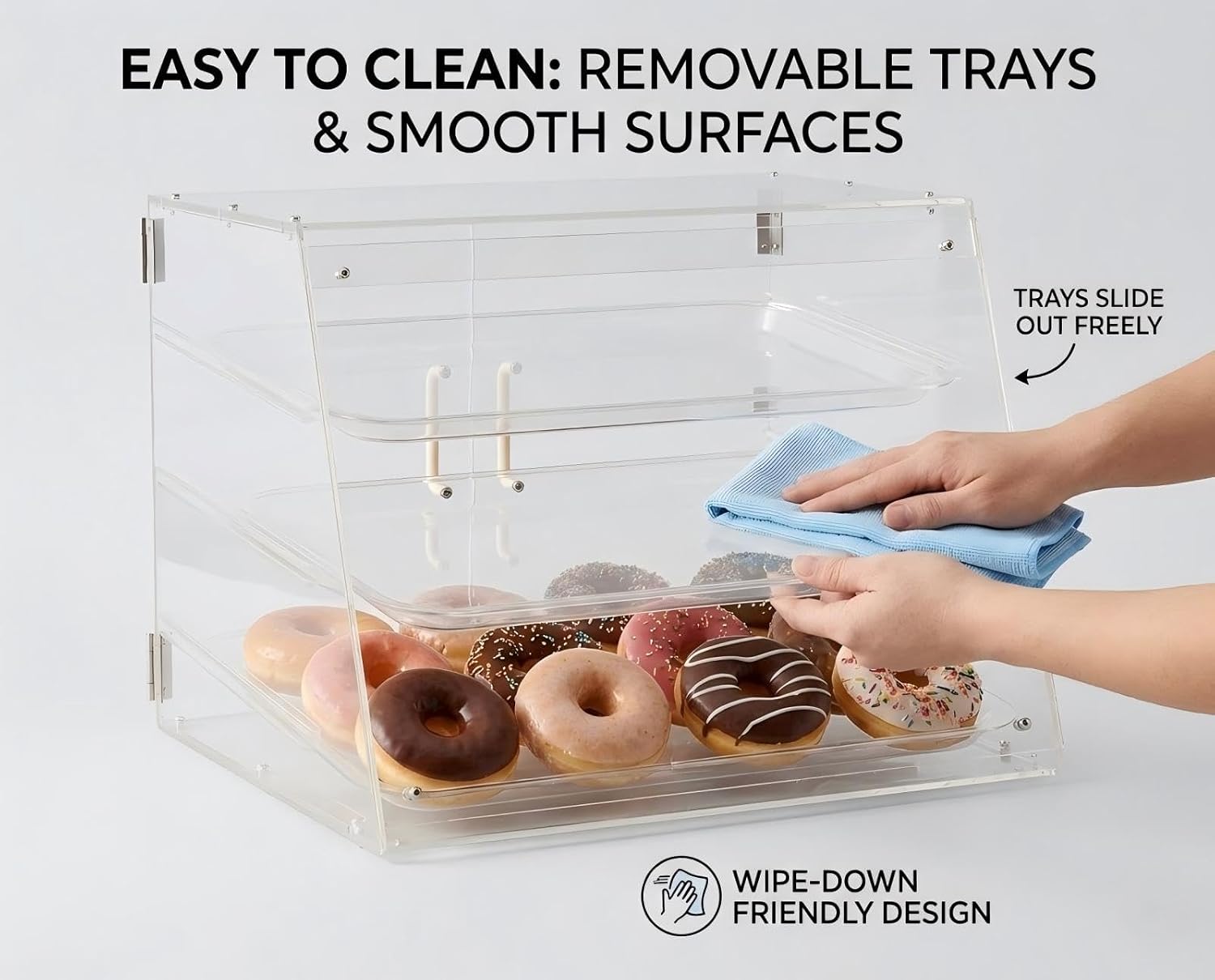 YBSVO 3-Tier Commercial Bakery Display Case, 21-Inch Clear Acrylic Countertop Pastry Showcase with Removable Trays, Food-Grade Dessert Cabinet with Magnetic Back Doors for Cafe, Market, Home