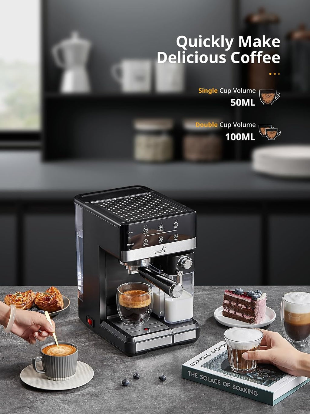 UDI Espresso Machine, 20 Bar Automatic Cappuccino & Latte Coffee Maker, Auto or Manual Quick Brew Dual Boiler, Touchscreen Espresso Maker (Black+Sliver)