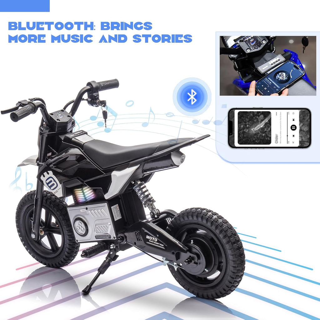 WEEROCK 24V Kids Electric Motorcycle 5+ Years Old, Child Ride On Electric Dirt Bike, Rear Shock Absorber, LED Breath Lamp, Bluetooth for Boys Girls Children Electria Toy Gift, Black