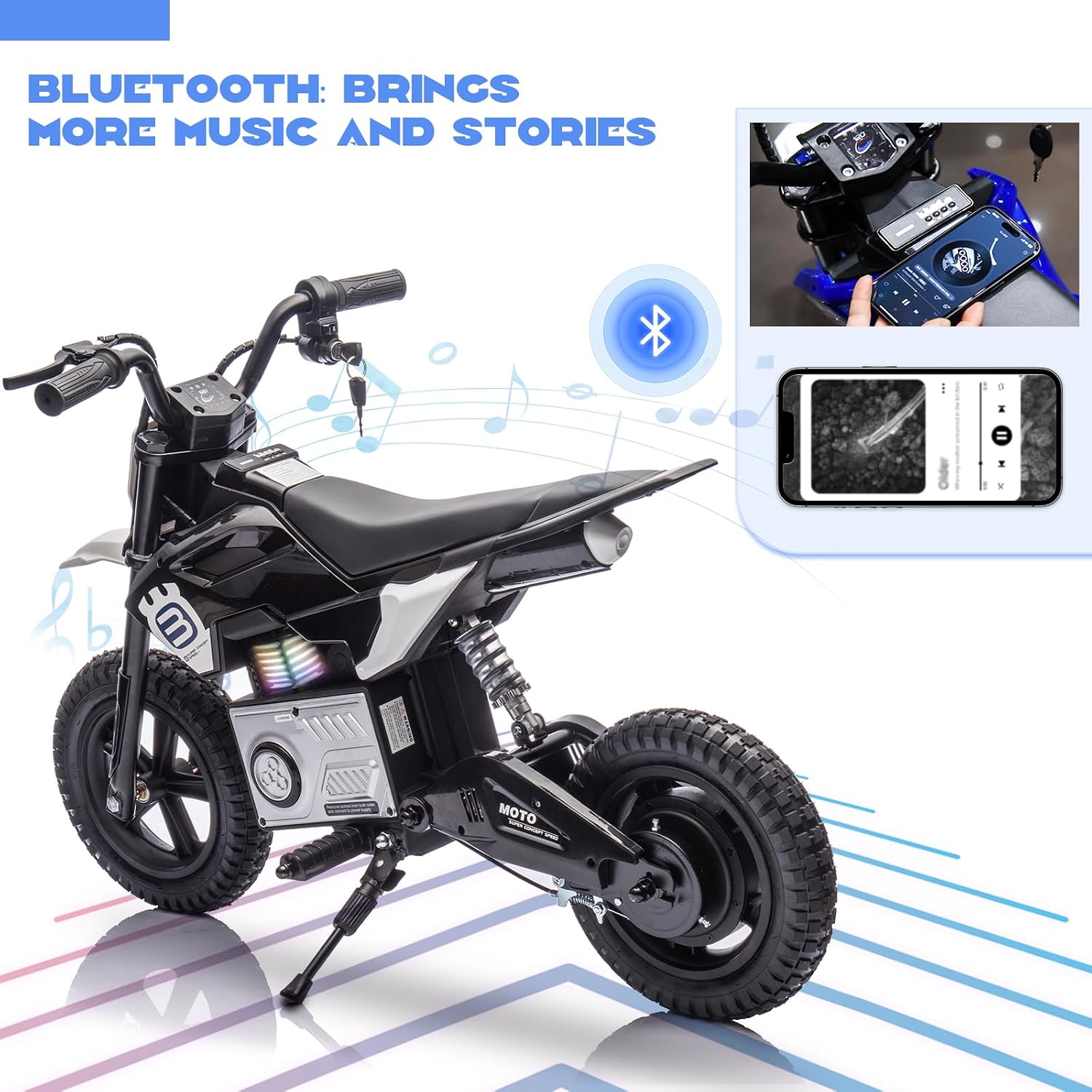 WEEROCK 24V Kids Electric Motorcycle 5+ Years Old, Child Ride On Electric Dirt Bike, Rear Shock Absorber, LED Breath Lamp, Bluetooth for Boys Girls Children Electria Toy Gift, Black