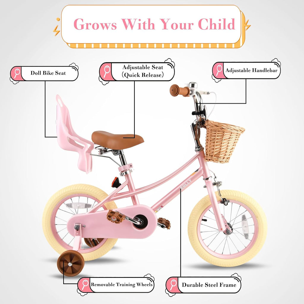 RULLY 14 Inch Unicorn Kids Bike for 3 4 5 Years Girls with Training Wheels & Front Handbrake, Kids Bicycle with Basket Toddler Bike, White