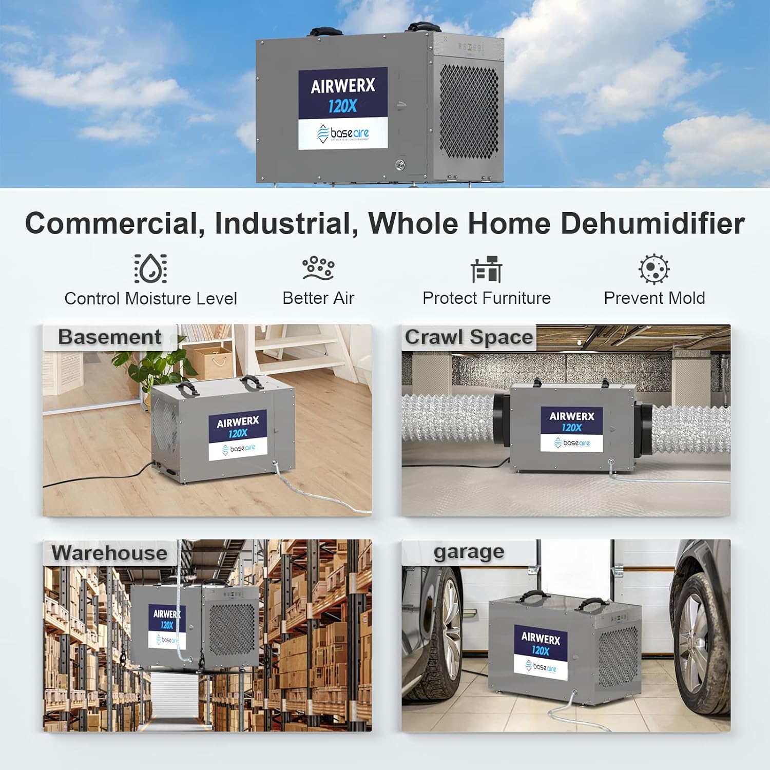BASEAIRE 235 Pints Crawl Space Commercial Dehumidifier with Pump, AirWerx120X Dehumidifier Whole Homes, Basements, up to 3,300 sq. ft. cETL, Water Damage Storage