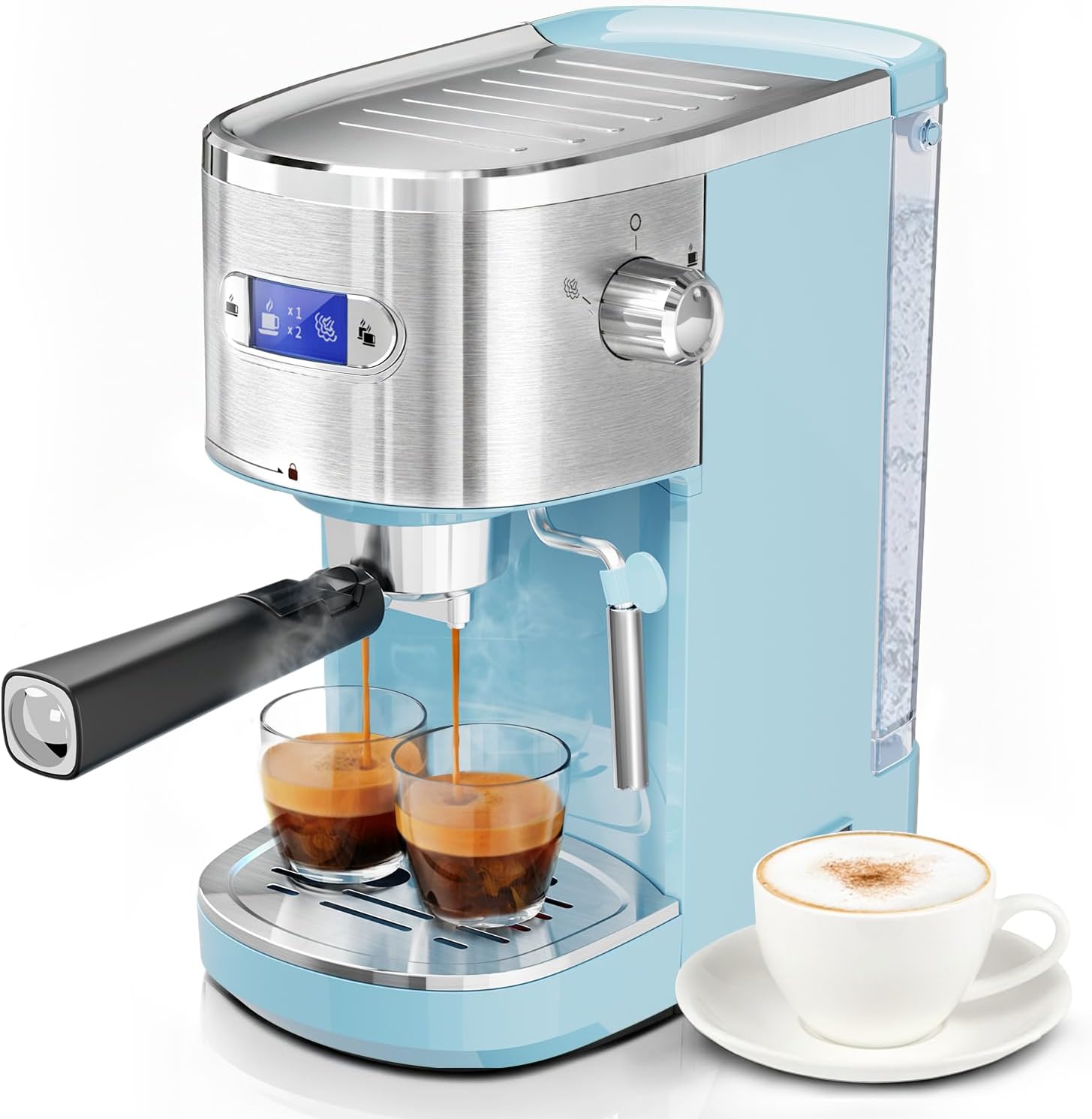 20 Bar Espresso Machine Semi-Automatic, Professional Coffee Maker with Milk Frother Steam Wand & 45OZ Removable Water Tank, Home Barista System for Cappuccino, Latte, Americano-Stainless Steel-Blue