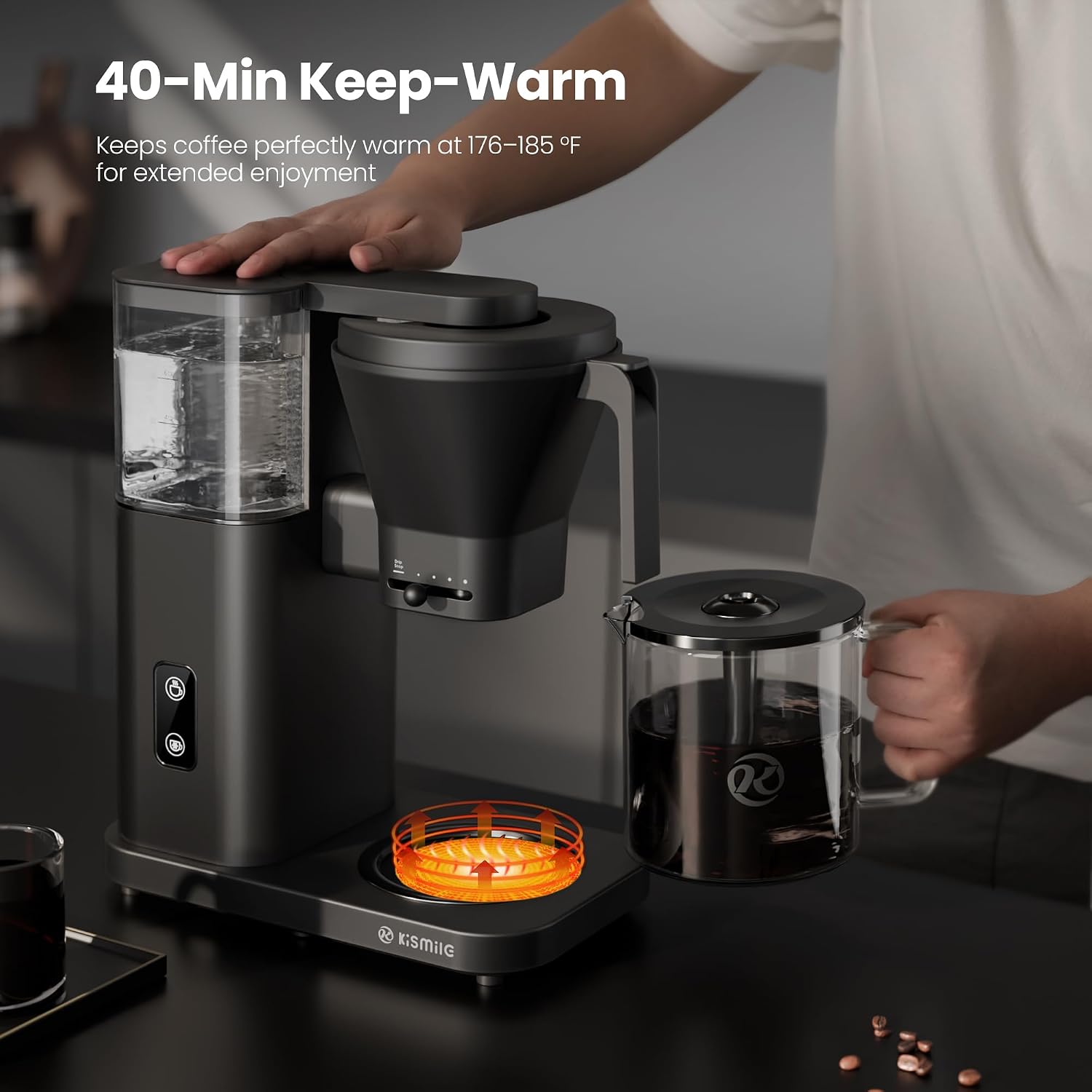 Kismile 8 Cup Drip Coffee Maker Machine, 3s Instant Heat 197-205℉, Removable Water Tank, Adjustable Flow Control, Pour Over Coffee Brew with Deep Cold Brew & Keep Warm 40 Min, Easy to Clean(Black)