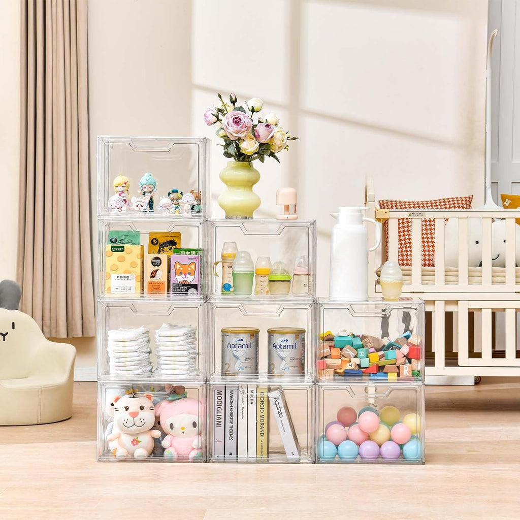 Freebat Stackable Storage Organizers, Clear Acrylic Display Case, 9-Pack Acrylic Boxes with Lids, Clear Storage Containers Storage for Handbags, Collectibles & Figures