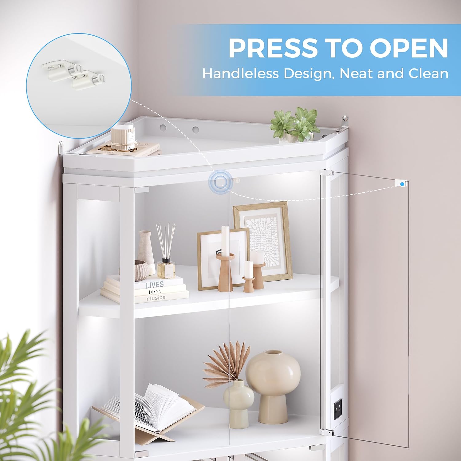 Jocoevol Corner Display Cabinet with Glass Doors, 4-Tier Display Cases for Collectibles with RGB Lights, 67'' Tall Corner Curio Cabinet with Human Body Sensor for Living/Game Room, White