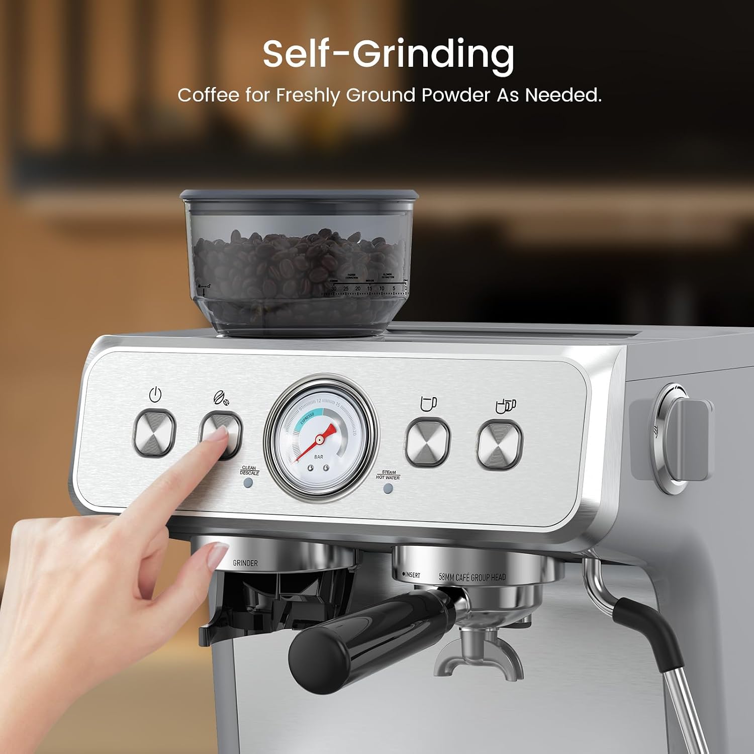 Electactic Espresso Machine with Built-in Grinder, Professional 20 Bar Cappuccino & Latte Machines with Milk Frother, 3-in-1 Stainless Steel Espresso Coffee Maker for Home, Office or Cafe