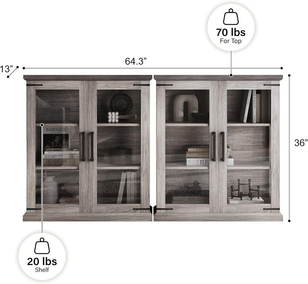 BELLEZE Set of 2 Glass Display Cabinet, 36' Tall Cabinet with Shelves and Glass Doors for Entryway, Living Room, Hallway, or Kitchen - Ashford (Gray Wash)