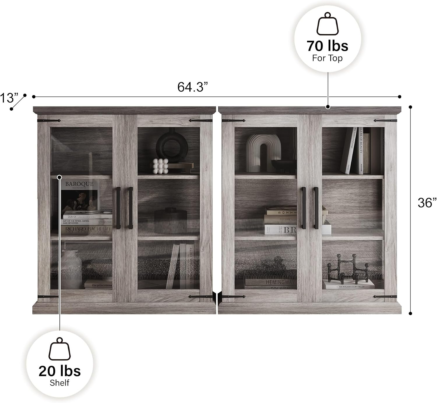 BELLEZE Set of 2 Glass Display Cabinet, 36' Tall Cabinet with Shelves and Glass Doors for Entryway, Living Room, Hallway, or Kitchen - Ashford (Gray Wash)