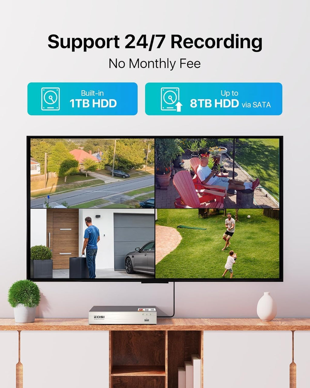 ZOSI 3K Lite 8CH Security Camera System with AI Human/Vehicle Detection, 8pcs 1920TVL 1080p Night Vision Outdoor Indoor Metal Cameras, H.265+ 8Channel DVR with 1TB Hard Drive for Home 24/7 Recording