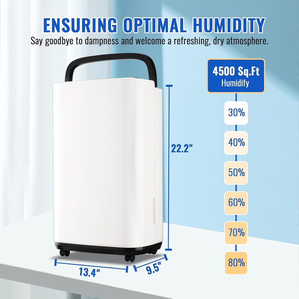 WANAI 50 Pint Portable Dehumidifier with Drain Hose for Basements, 4,500 Sq. Ft. Dehumidifiers Auto Drain or Manual Drainage, Quiet Dehumidifier for Home with 6L Water Tank