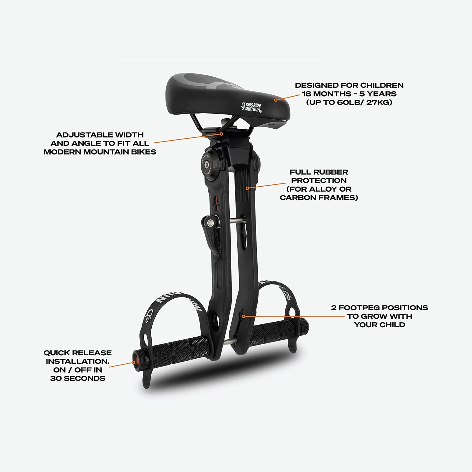 Kids Ride Shotgun - Child Bike Seats - Front Mounted, for Children Aged 2~5 Years, Fits Most Adult Modern Mountain Bikes, Adjustable for Comfort