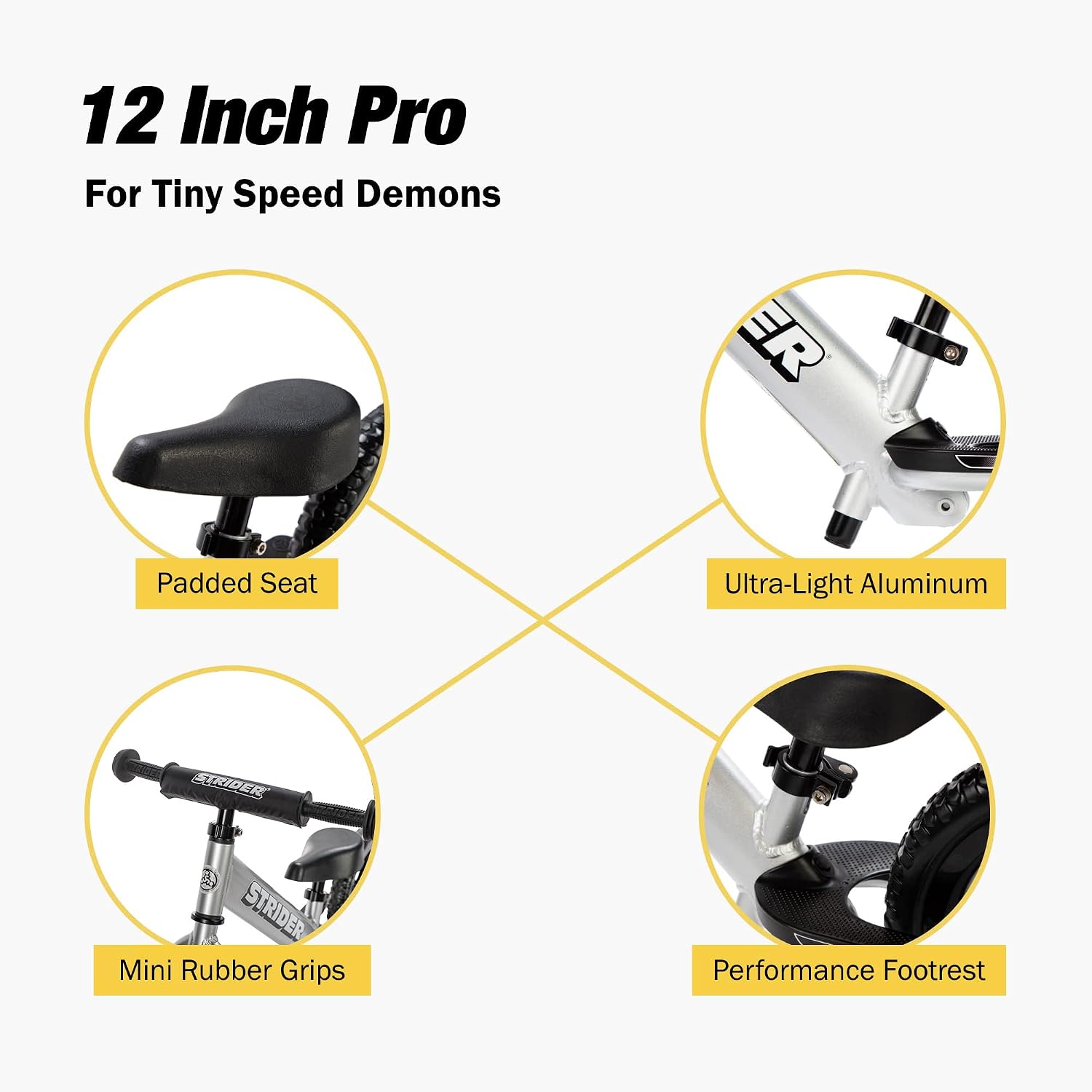 Strider 12' Pro Bike, No Pedal Balance Bicycle for Kids 1 to 4 Years - Includes Safety Pad, Padded Seat, Mini Grips & Flat-Free Tires - Tool Free