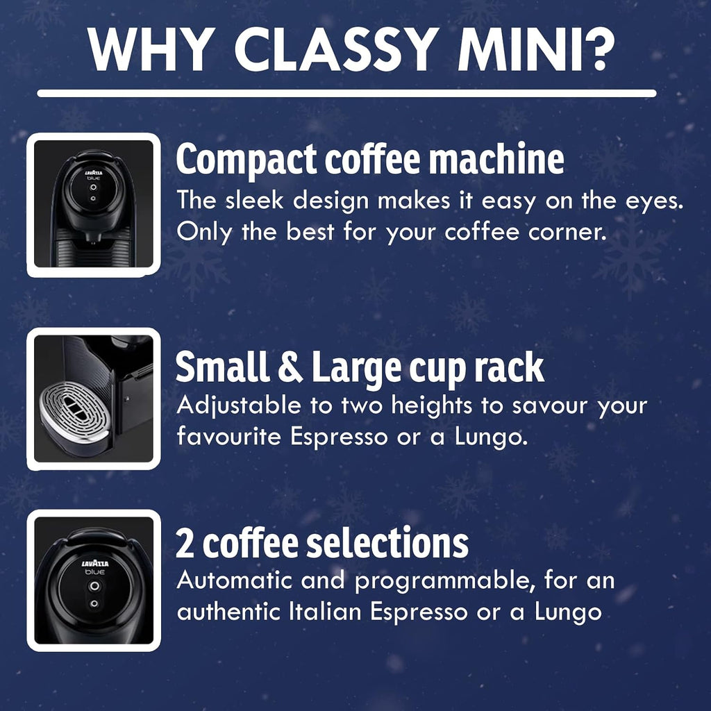 Lavazza Classy Mini Espresso Coffee Machine – 72 Count Intenso Capsules – Compact Single-Serve Brewer Compatible BLUE & Expert Pods
