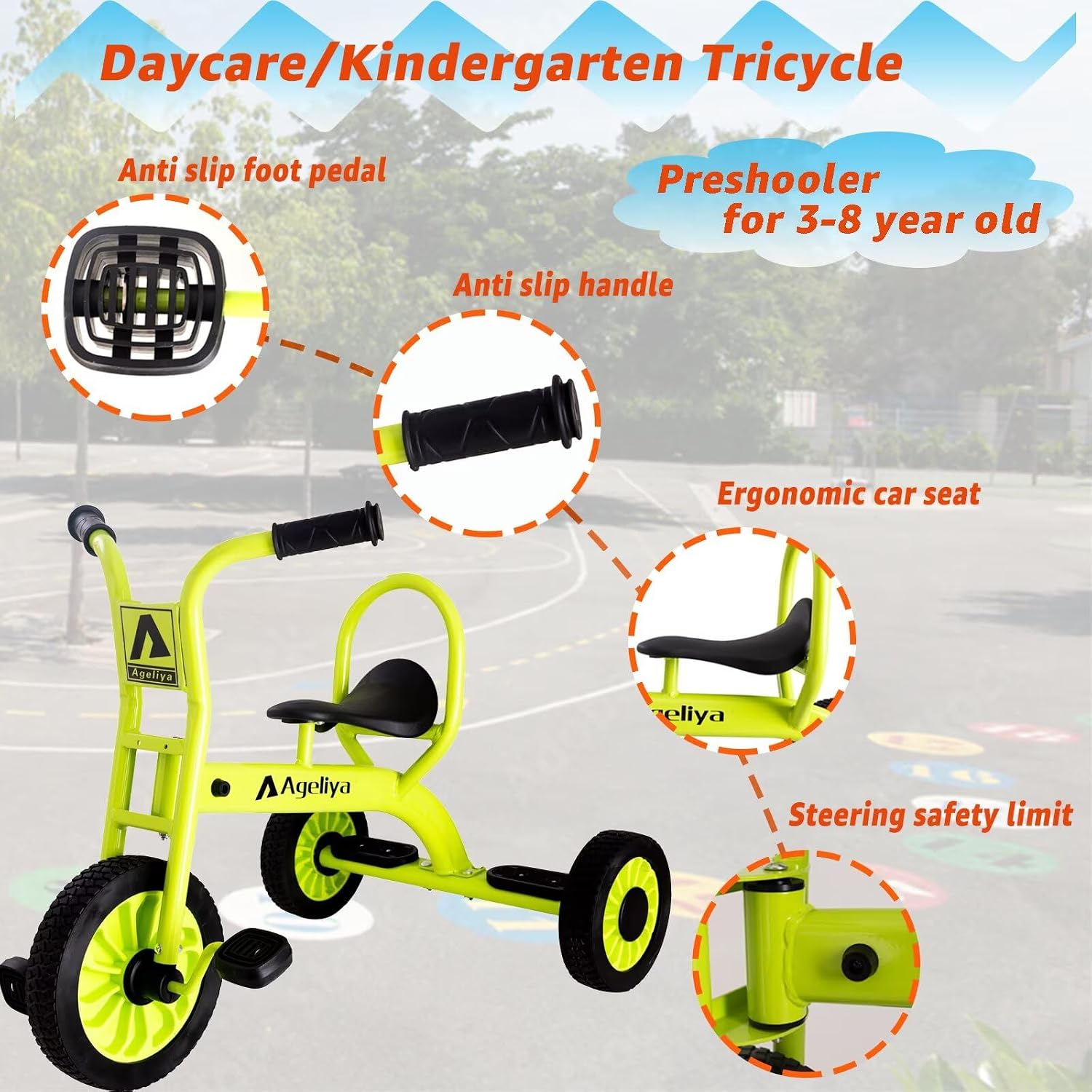 Kids Tricycle for Preschool Ages 3+, Ideal Outdoor Playground & Daycare Yard Trikes, Durable Metal Pedal Trike Gift for Boys and Girls, Sturdy Carbon Steel Frame, Inflation-Free Rubber Wheels