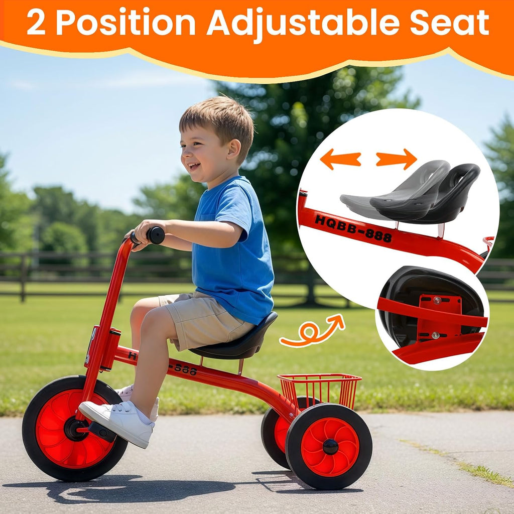Kids Tricycle for Ages 3-8, Adjustable Seat Kids Trike, Preschool Daycare Toddler Tricycle Bike with Rubber Wheels and Storage Basket, Gifts and Toys for Boys and Girls