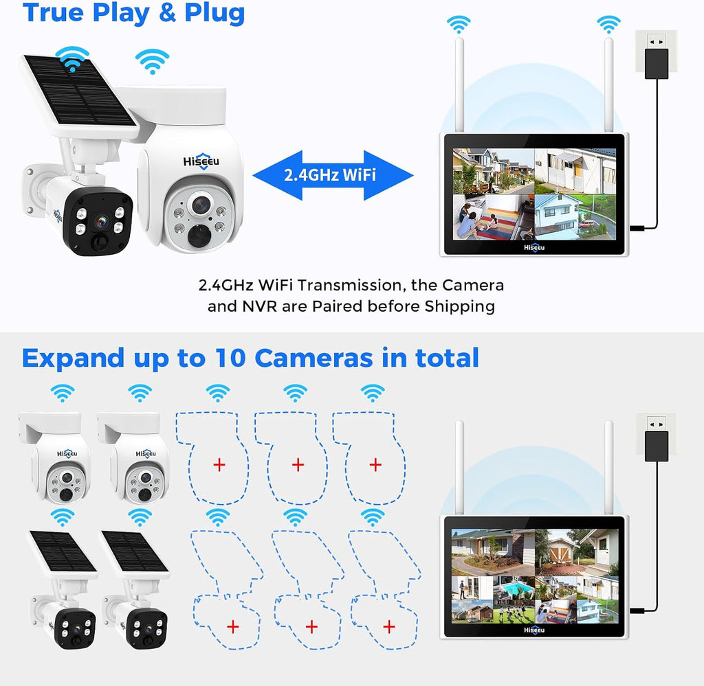 Hiseeu [1TB HDD,4MP Spotlight] Solar Home Security Camera System,PTZ Dome + Bullet Solar Security Cameras Wireless Outdoor,10CH 10 Inch LCD 4K NVR,Smart Human Detection,2-Way Audio,Motion Record