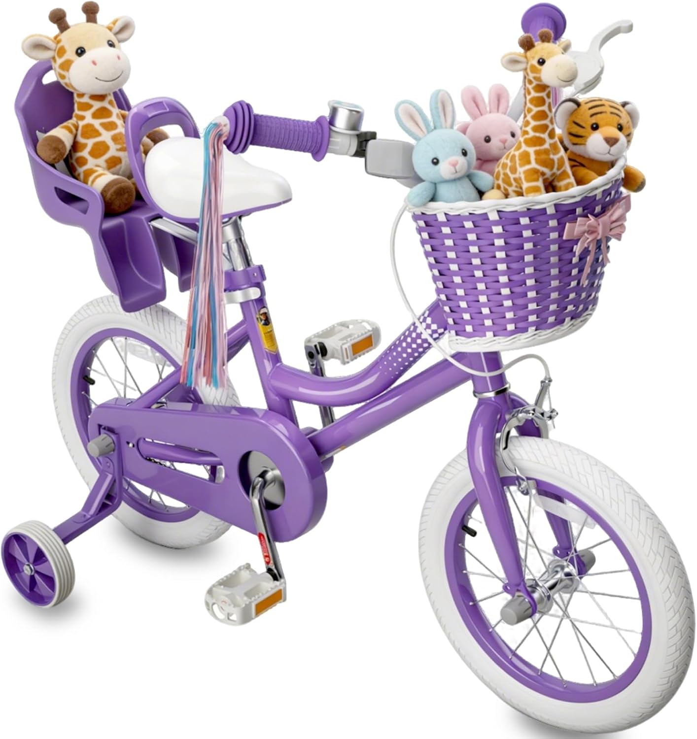 KORIMEFA Toddler Kids Bike for Ages 2-8 Years Girls with Doll Seat and Basket, 12 14 16 Inch Bicycle with Training Wheels, Little Small Princess Bicycle with Streamers