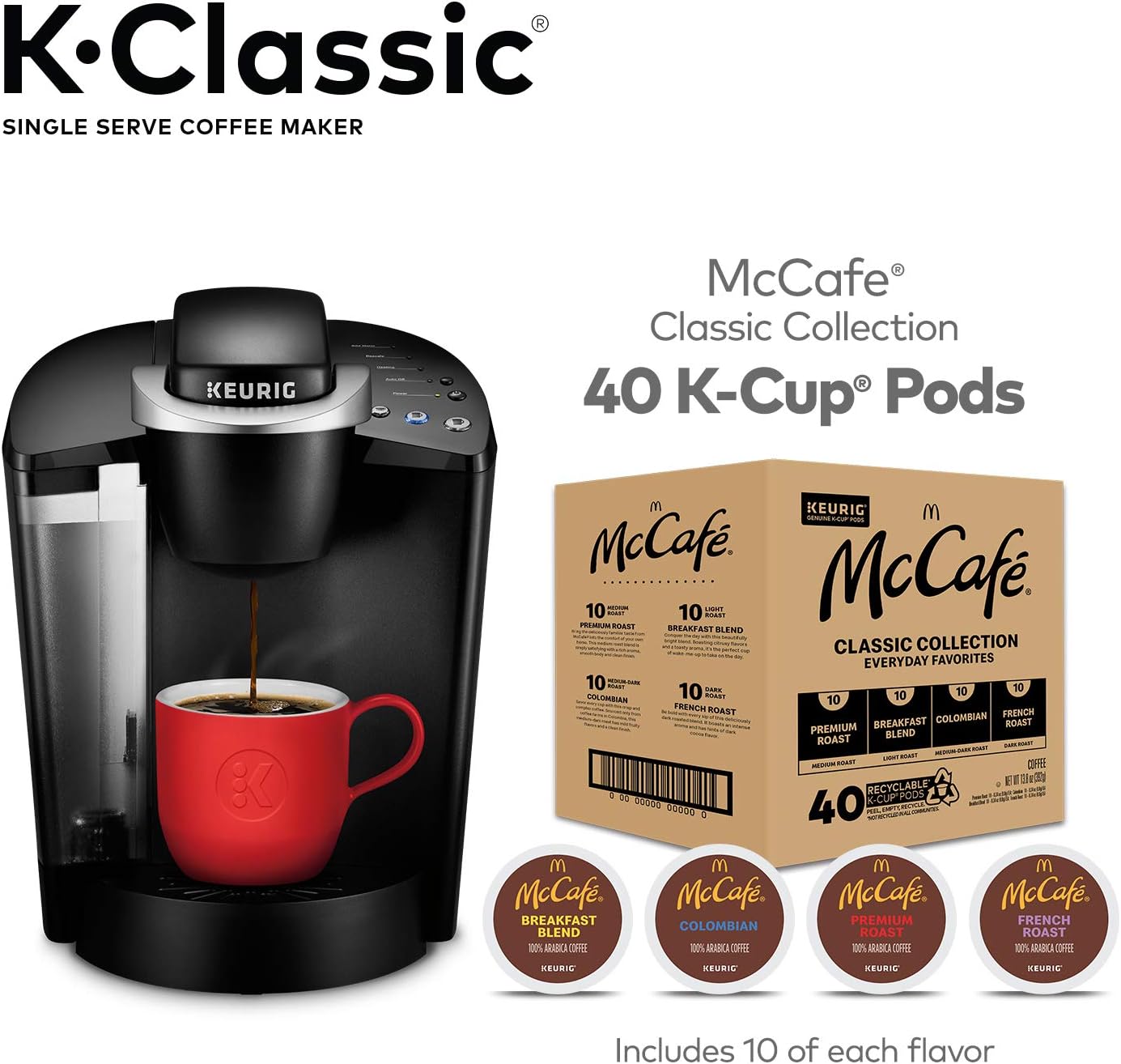 Keurig K-Classic Coffee Maker with McCafé Classic Collection Variety Pack, 40 Count K-Cup Pods