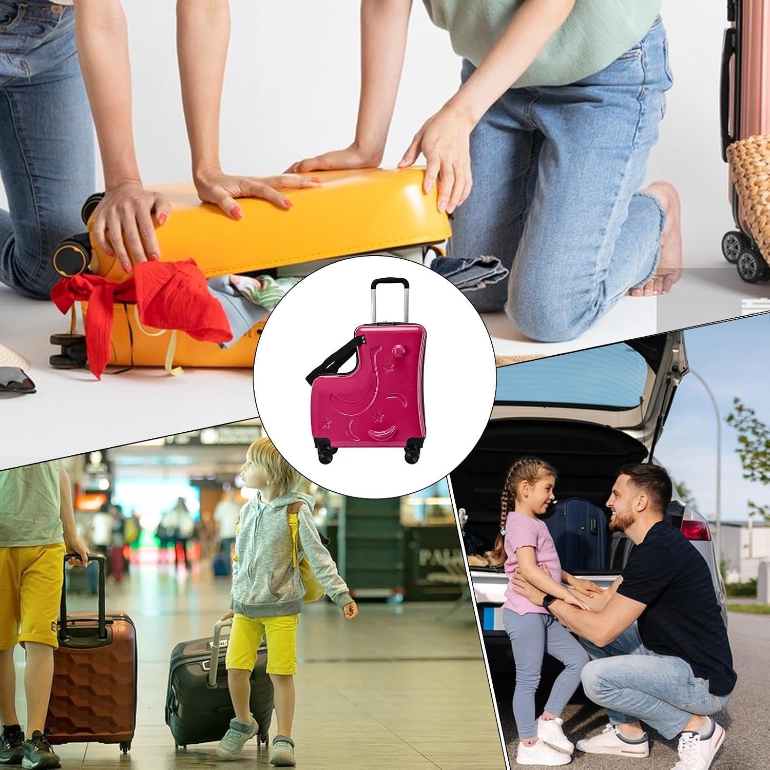 Kids Ride on Luggage - 47x20x57cm Children's Travel Suitcase with 3 Digit Lock, Carry on Trolley Case with Seat Belt, Retractable Handle, Quiet Wheels | Ride Suitcase for Airports, Travel Gear