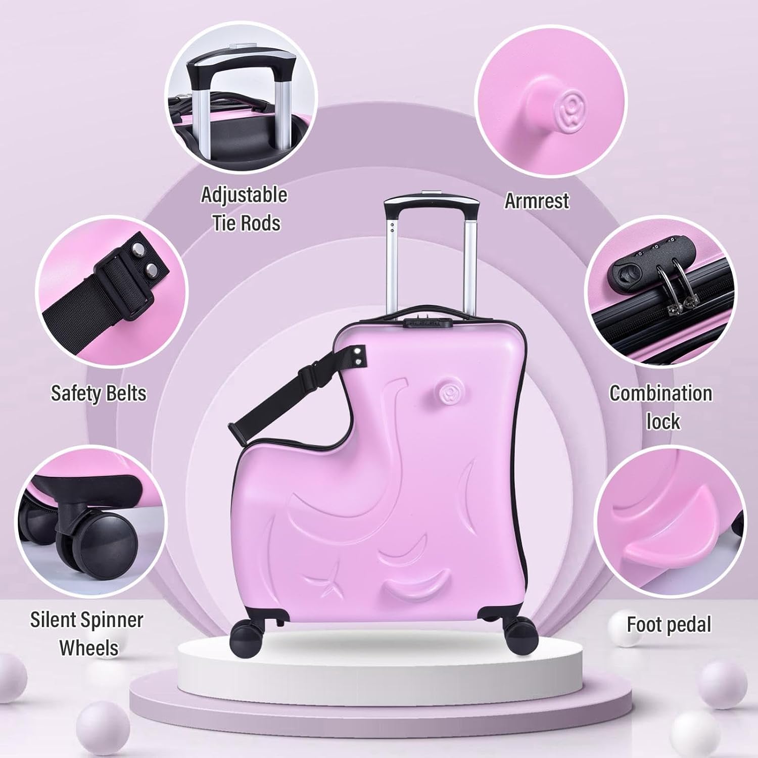 24 Inch Kids Ride On Travel Suitcase, Rolling Luggage with Wheels Carry Trolley Luggages with Password Lock, Children's Ride On Trolley for Children's Day Gift, Festival Gift (Pink)