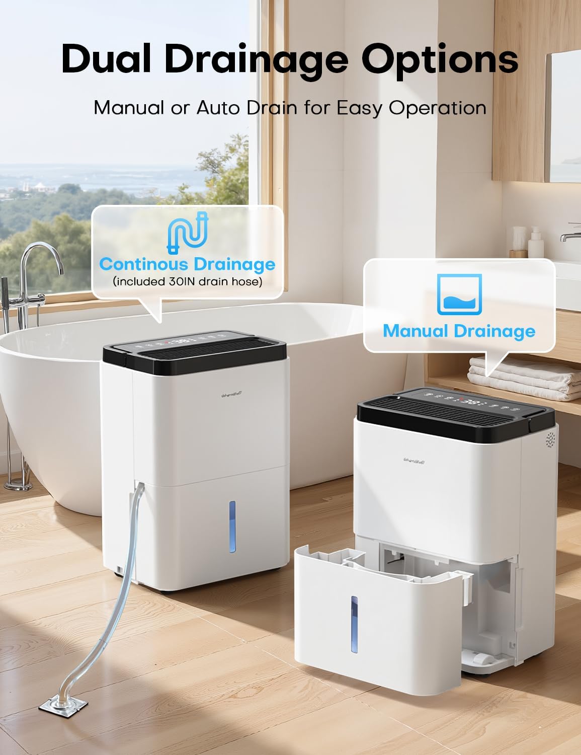 3000 Sq.Ft Dehumidifiers for Home with Drain Hose 35 Pints, Compressor Dehumidifier Smart Humidity Control, 3 Modes, 24H Timer, Auto-Defrost, Dry Clothes Dehumidifiers for Basement Bathroom Bedroom