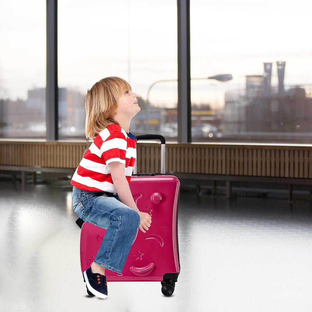 Kids Ride on Luggage - 47x20x57cm Children's Travel Suitcase with 3 Digit Lock, Carry on Trolley Case with Seat Belt, Retractable Handle, Quiet Wheels | Ride Suitcase for Airports, Travel Gear
