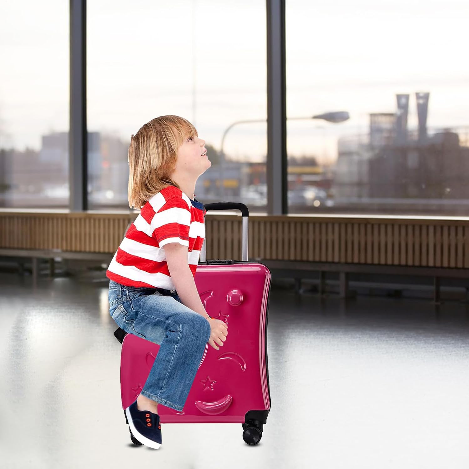 Kids Ride on Luggage - 47x20x57cm Children's Travel Suitcase with 3 Digit Lock, Carry on Trolley Case with Seat Belt, Retractable Handle, Quiet Wheels | Ride Suitcase for Airports, Travel Gear