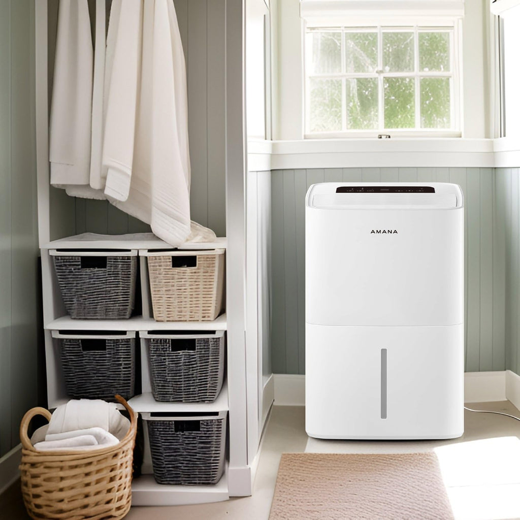 Amana 50-Pint Portable Dehumidifier with Pump for Basement, Garage, Living Room, Attic, 115V, with Auto-Shutoff and Timer, Energy Star, White