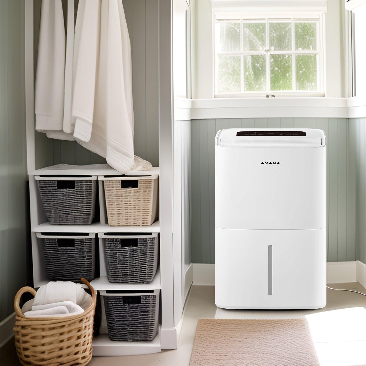 Amana 50-Pint Portable Dehumidifier with Pump for Basement, Garage, Living Room, Attic, 115V, with Auto-Shutoff and Timer, Energy Star, White