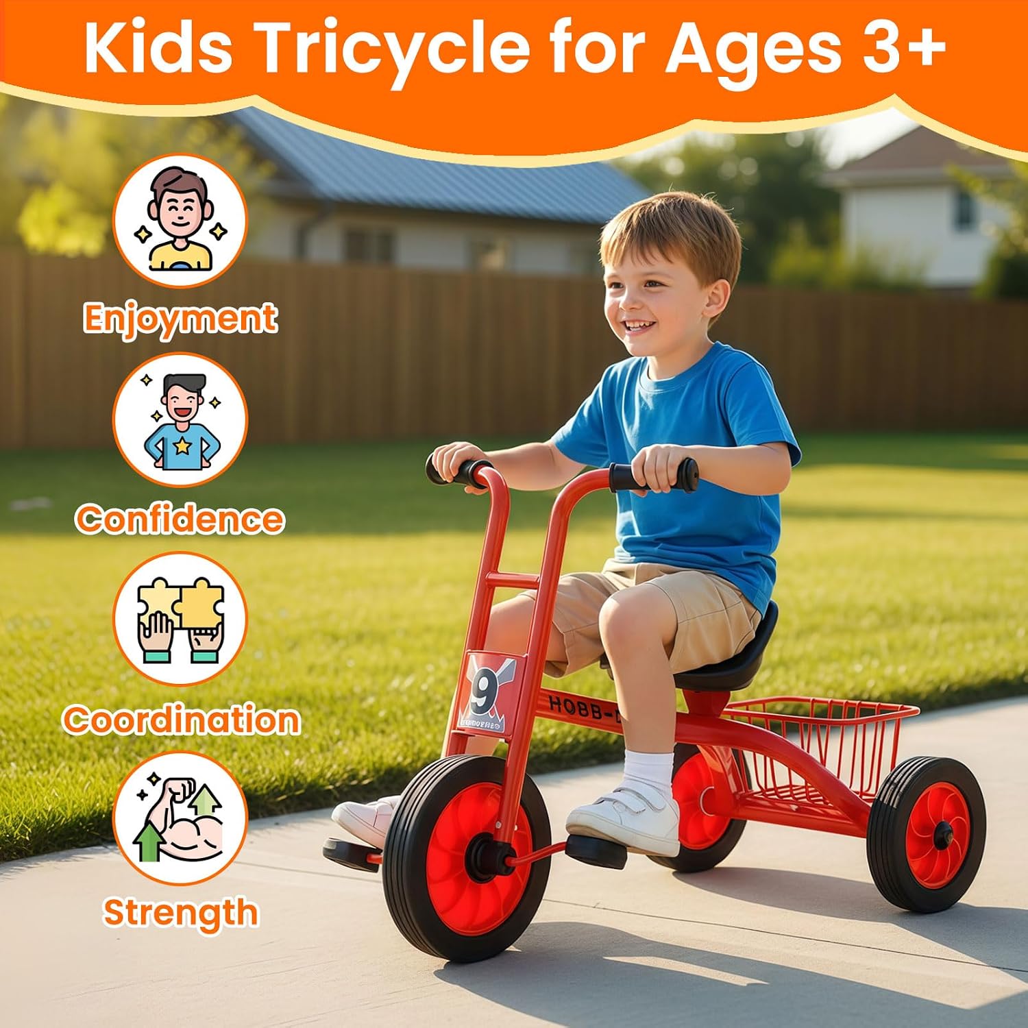 Kids Tricycle for Ages 3-8, Adjustable Seat Kids Trike, Preschool Daycare Toddler Tricycle Bike with Rubber Wheels and Storage Basket, Gifts and Toys for Boys and Girls