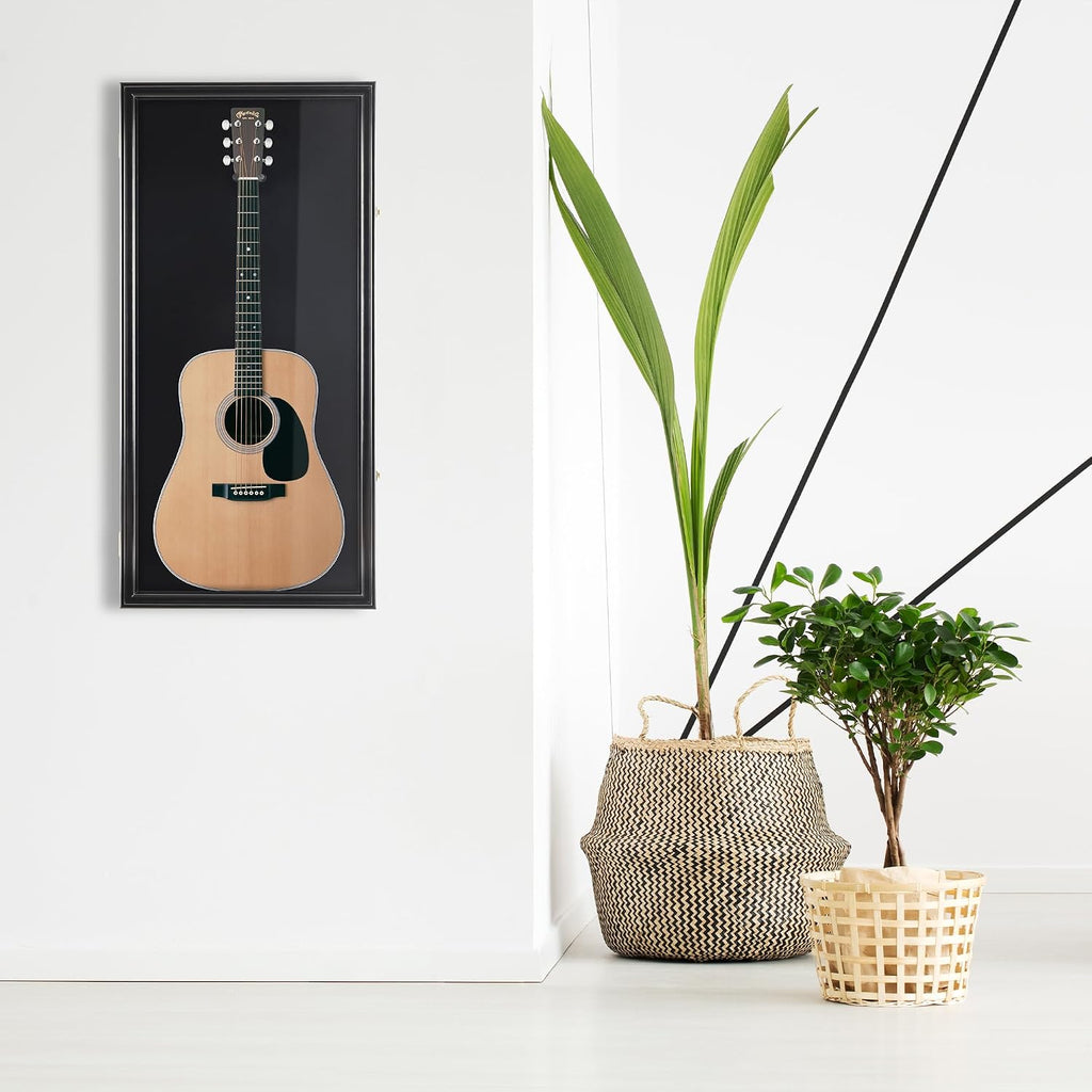 DisplayGifts 45' Acoustic Guitar Display Case Cabinet Shadow Box with Guitar Hanger Stand, Lockable 98% UV Protection Black Felt Interior Black Finish Frame