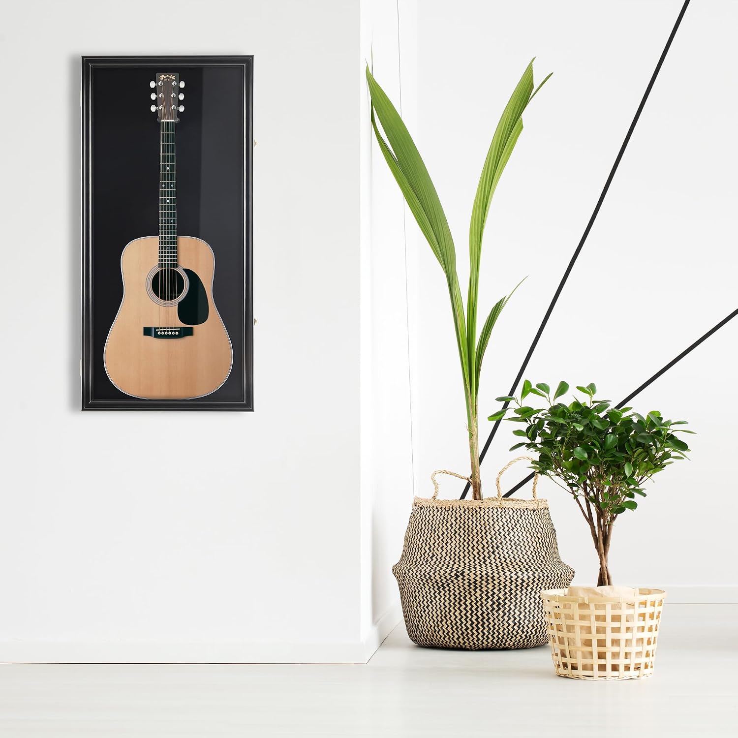DisplayGifts 45' Acoustic Guitar Display Case Cabinet Shadow Box with Guitar Hanger Stand, Lockable 98% UV Protection Black Felt Interior Black Finish Frame