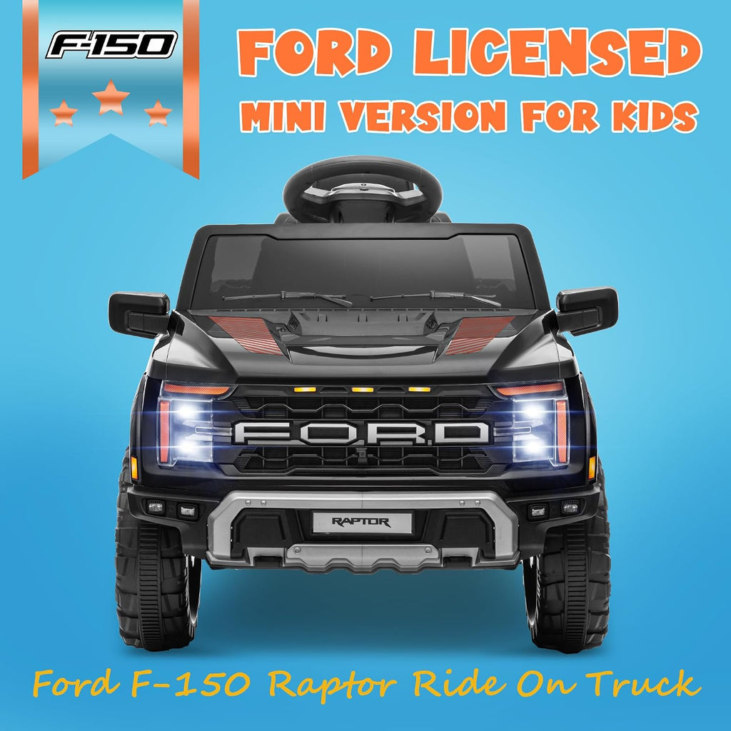 ENYOPRO 12V Kids Ride On Truck, Licensed Ford F-150 Raptor Toddler Electric Car w/Remote Control, Kids Ride On Car Toy w/LED Lights, Bluetooth Music, Lockable Doors, Safety Belt, 2 Speed (Black)
