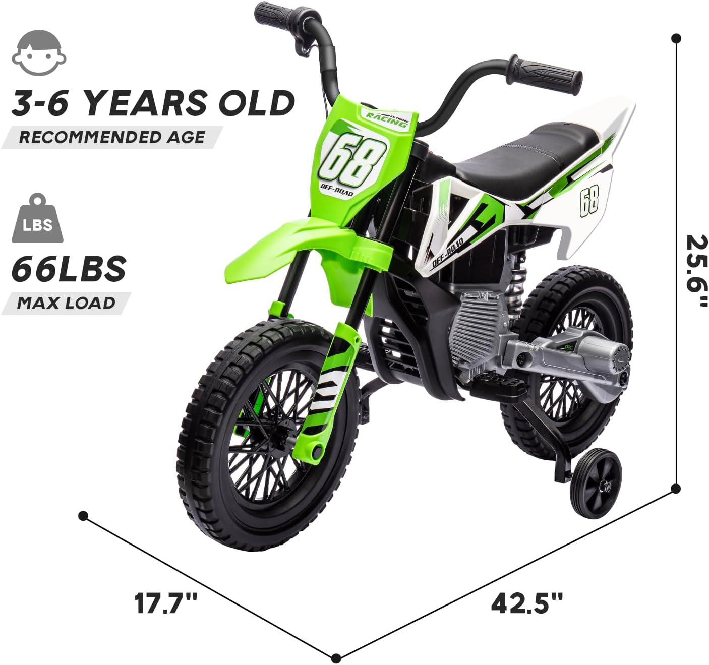 12V Kids Motorcycle w/Treaded Tires, 3.1mph Top Speed, Kids Motorcycle w/Training Wheels, Music, Spring Suspension, Ideal for Toddlers 3-6 Years Old, Green