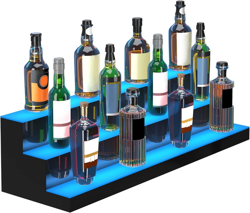 VEVOR LED Lighted Liquor Bottle Display, 3 Tiers 40 Inches, Supports USB, Illuminated Home Bar Shelf with RF Remote & App Control 7 Static Colors 1-4 H Timing, Acrylic Lighted Shelf for 30 Bottles