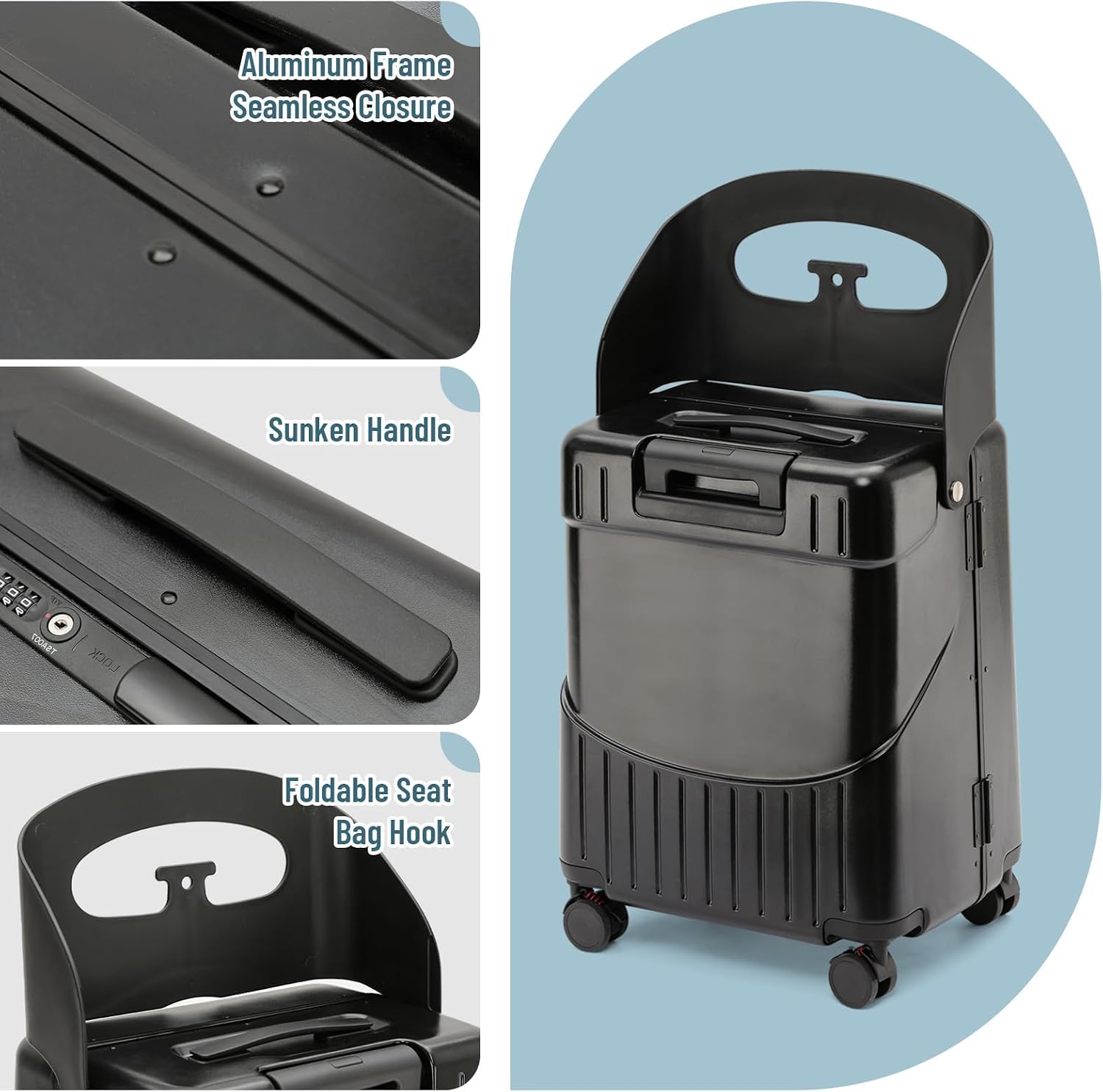 Apelila Hardside 22'' Luggage with Seat for Kids & Adults, 360° Lockable Spinner Wheels Travel Suitcase with TSA Approved Lock and Seat Belts(Black, 22-Inch)