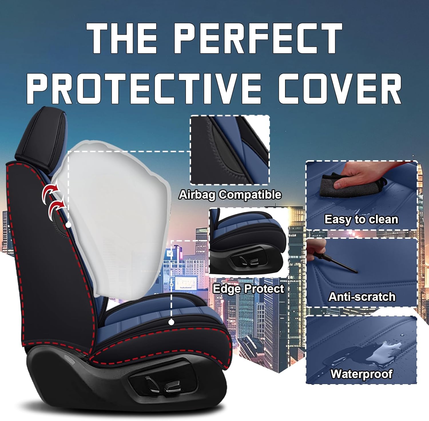 Car Seat Cover Full Set for Kia EV9 Seat Covers 2024-2025, Nappa Leather Waterproof Seat Covers for Cars, Airbag Compatible, Universal Automotive Seat Covers(Luxury Full Set/Black Blue)