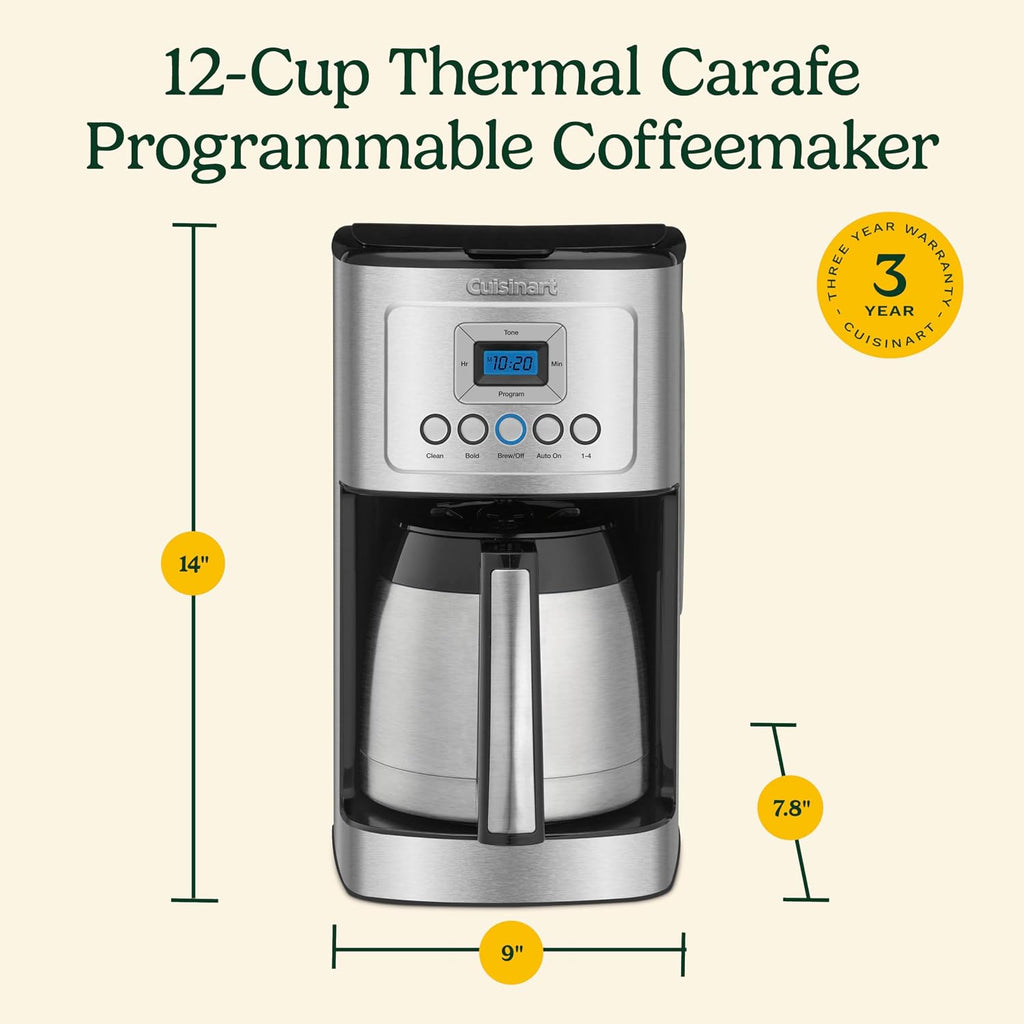 Cuisinart 12-Cup Coffee Maker, Programmable PerfecTemp Thermal Carafe Coffee Machine with 1-4 Cup Setting, Brew Strength Control and Brew Pause, Stainless Steel, DCC-3400NAS, Silver