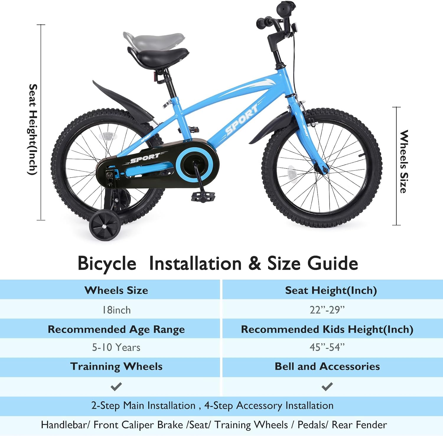 BODIOO Kid Bike for Boys Girls 18 Inch Kid Bicycle with Kickstand Adjustable Seat Dual Brake System Sturdy Frame Lightweight Pump Reflector