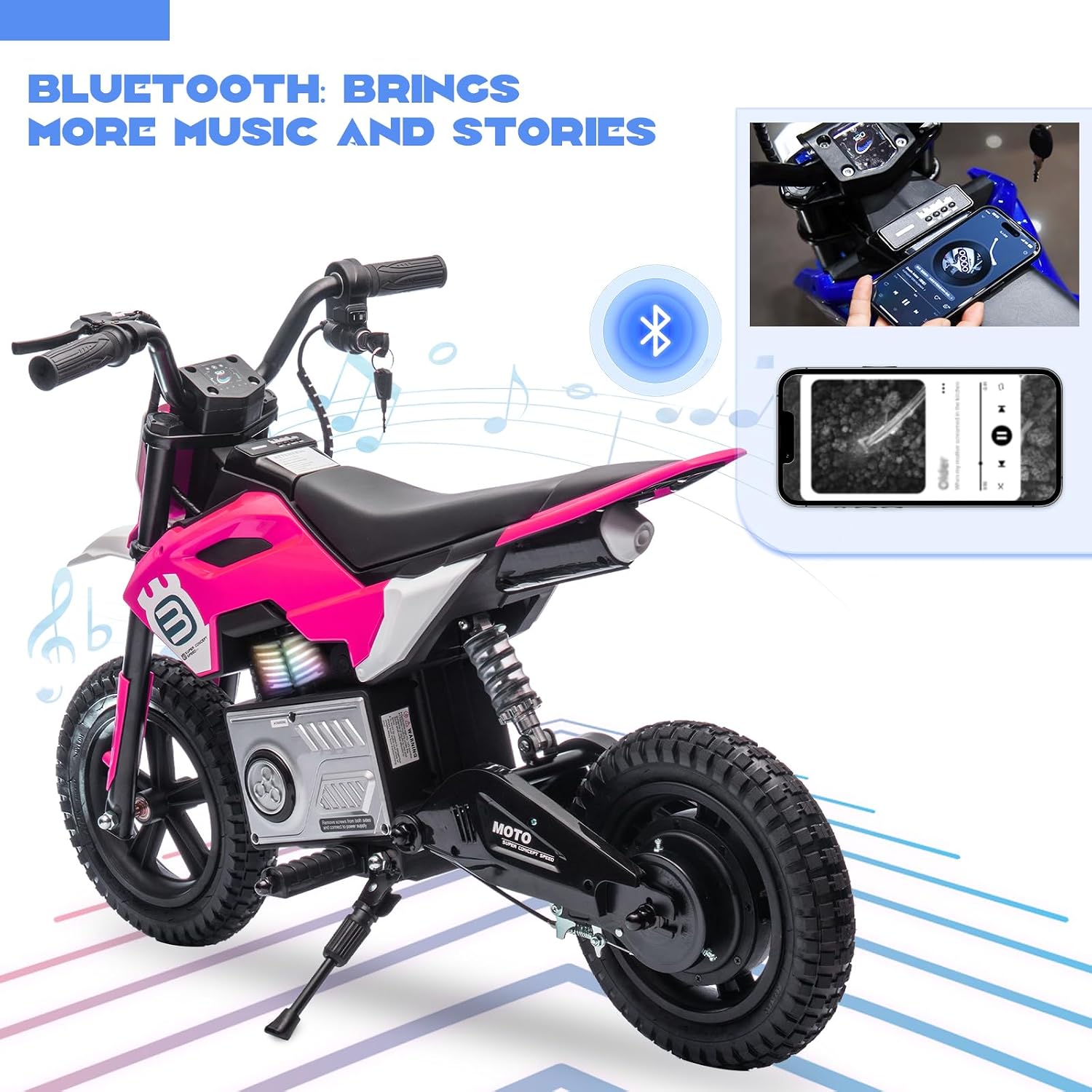 WEEROCK 24V Kids Electric Dirt Bike for 5-15 Years Old, Ride on E Motorcycle, 3.11-9.32MPH Speed, Rear Shock Absorber, LED Breath Lamp, Bluetooth for Boys Girls Children Electria Toy Gift, Pink