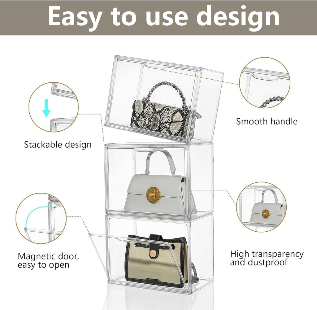 Purse Organizer for Closet,9 Pack Clear Acrylic Display Case for Handbag Organizer, Purse Storage Box with Magnetic Door, Plastic Storage Bins for Book, Collectibles