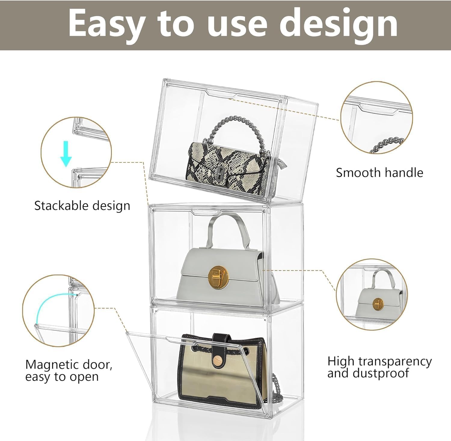 Purse Organizer for Closet,9 Pack Clear Acrylic Display Case for Handbag Organizer, Purse Storage Box with Magnetic Door, Plastic Storage Bins for Book, Collectibles