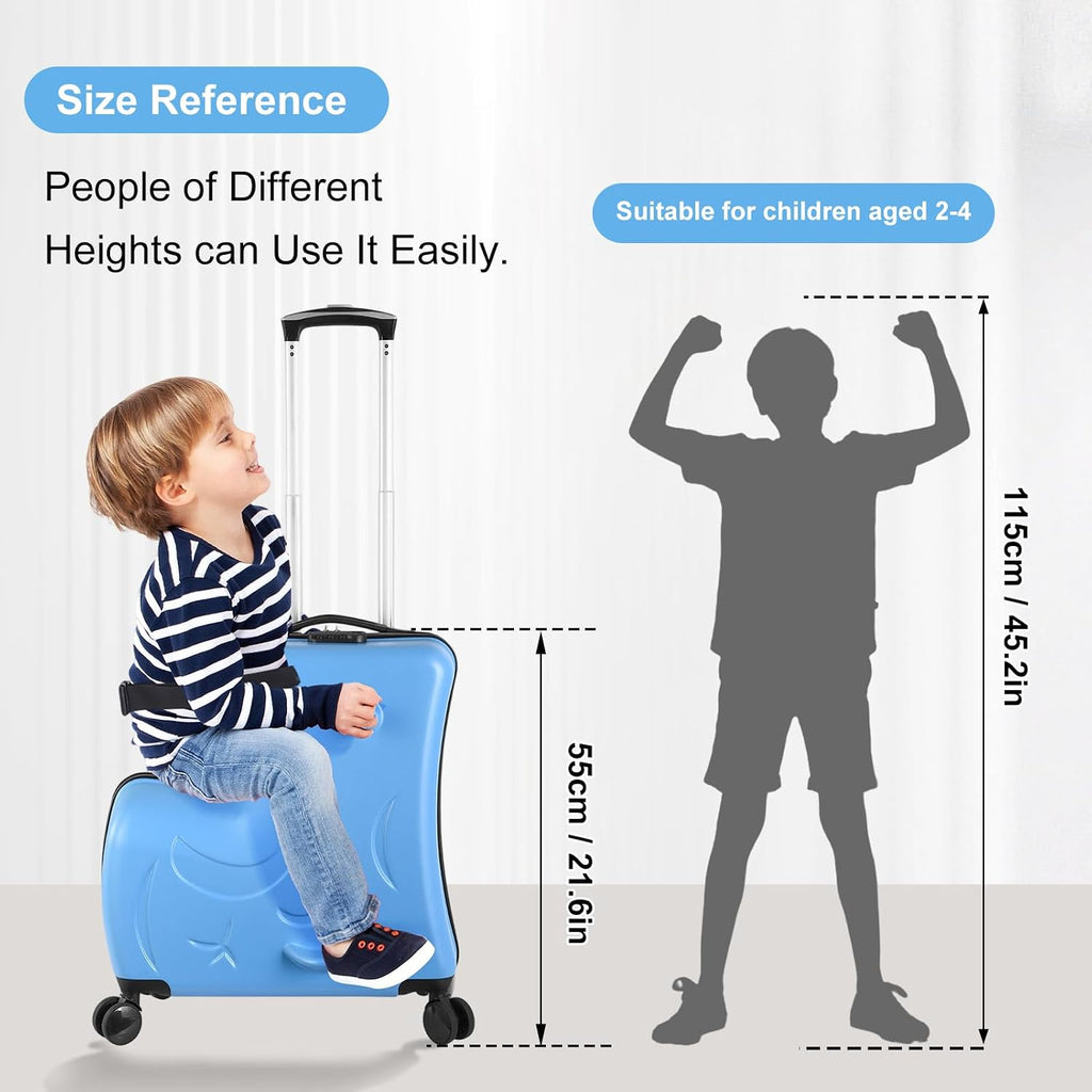 22 Inch Kid Ride Suitcase, Kid Luggage Seat Ride With Lock - Kids Travel Trolley With Safety Belt, Luggage For Kids Airplane Travel,Suitcase To Aged 1-6 Years Old,ABS+PC(Blue)