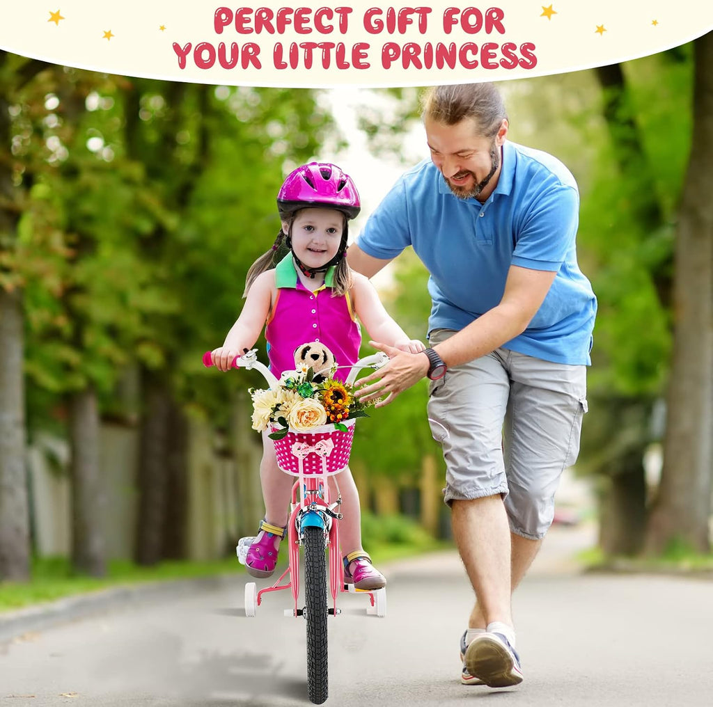 HONEY JOY Kids Bike, 14 16 18 Inch Girls Bike for Toddlers w/Training Wheels, Handbrake & Coaster Brake, Steel Frame, Fully Enclosed Chain, Little Princess Style Children Bicycle, Gift for Girls 3-8